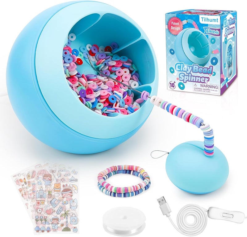 Tilhumt Bead Spinner for Jewelry Making, Clay Beads Spinner for Necklaces Maker, Electric Bead Spinners Bracelet Maker Machine with Beginner Friendly Positioning Mat, Gift for Craft Lovers, Blue - Image 1